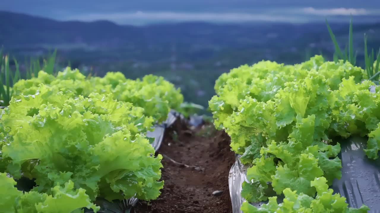 山上的蔬菜种植园在早晨种下了看起来很新鲜的莴苣，上面还挂着露珠视频素材