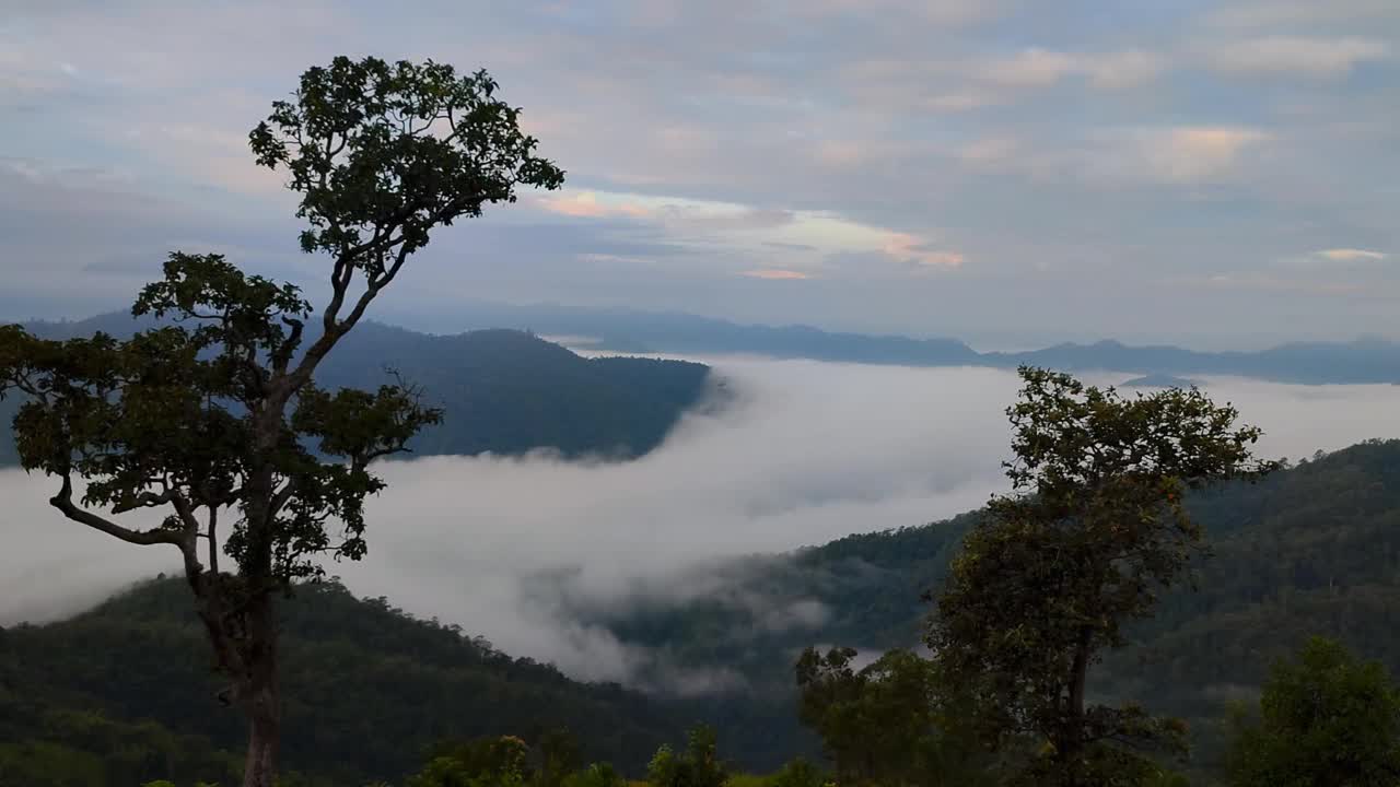 时间推移视频4k，一个雾蒙蒙的早晨的景色在Huay Kub Kab村，在泰国北部清迈视频素材