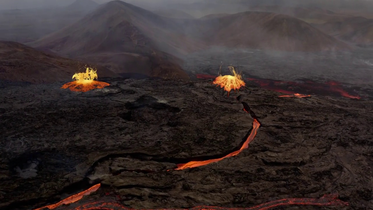 通风孔冒泡和创建新的火山口在火山盆地- 3D特效渲染视频素材