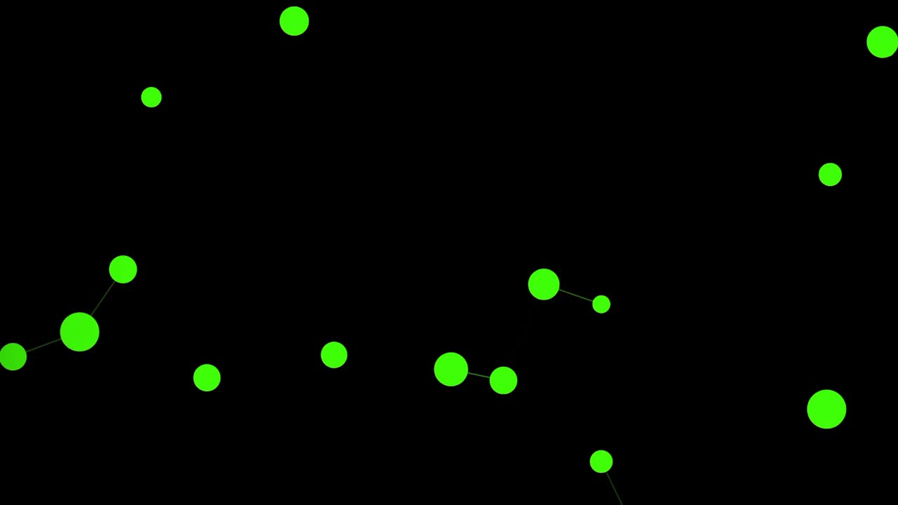 霓虹绿色圆圈互相吸引，然后在黑暗的背景线连接。——图形视频素材