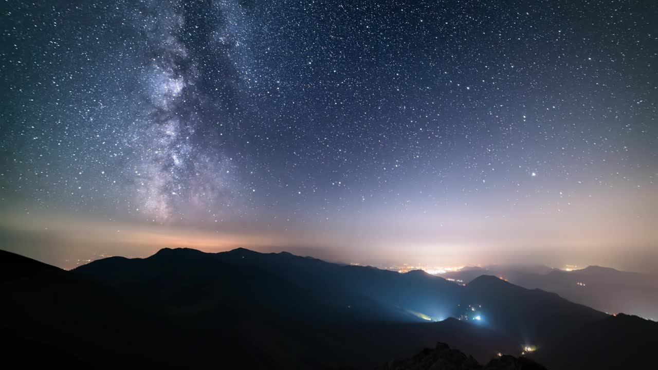 银河星系的星迹在星夜山脉乡村上空运动天文学延时彗星效应视频素材