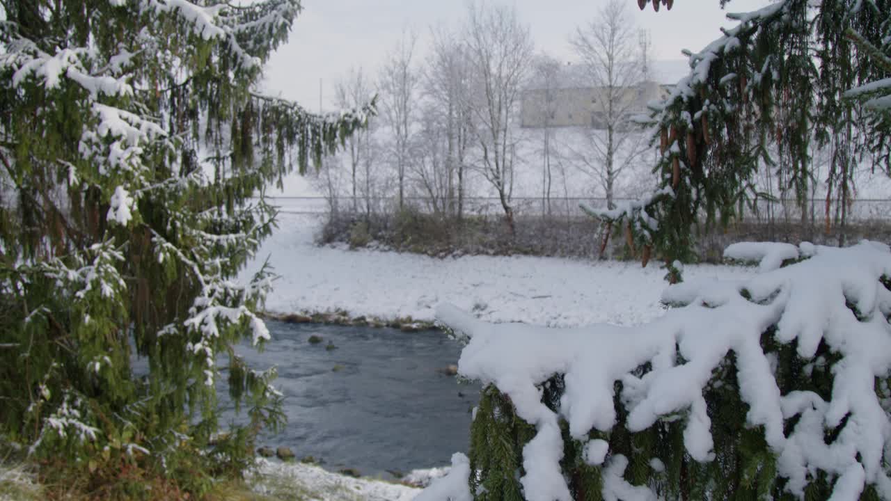 火车经过白雪覆盖的冬季风景视频素材