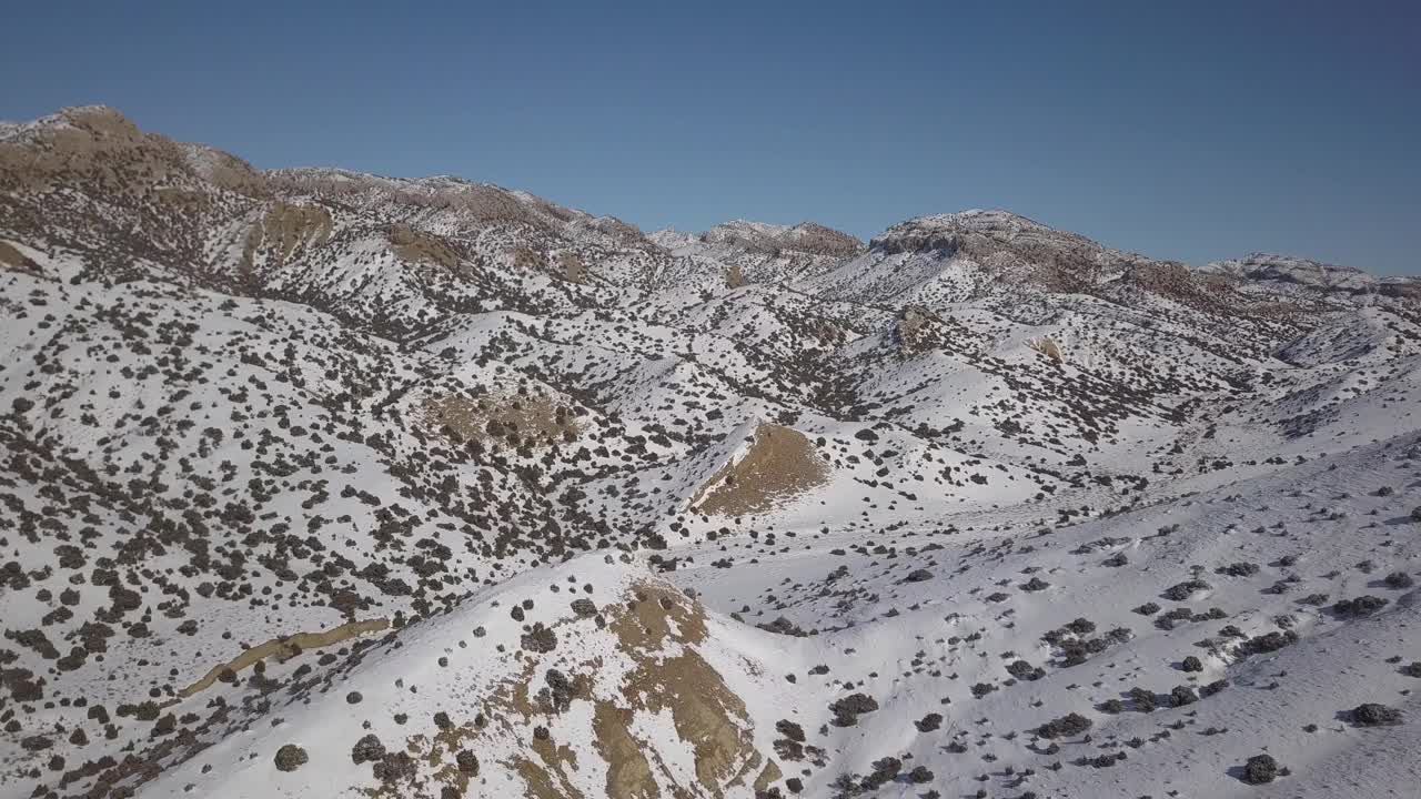 白雪覆盖的沙漠山丘上点缀着灌木丛视频素材