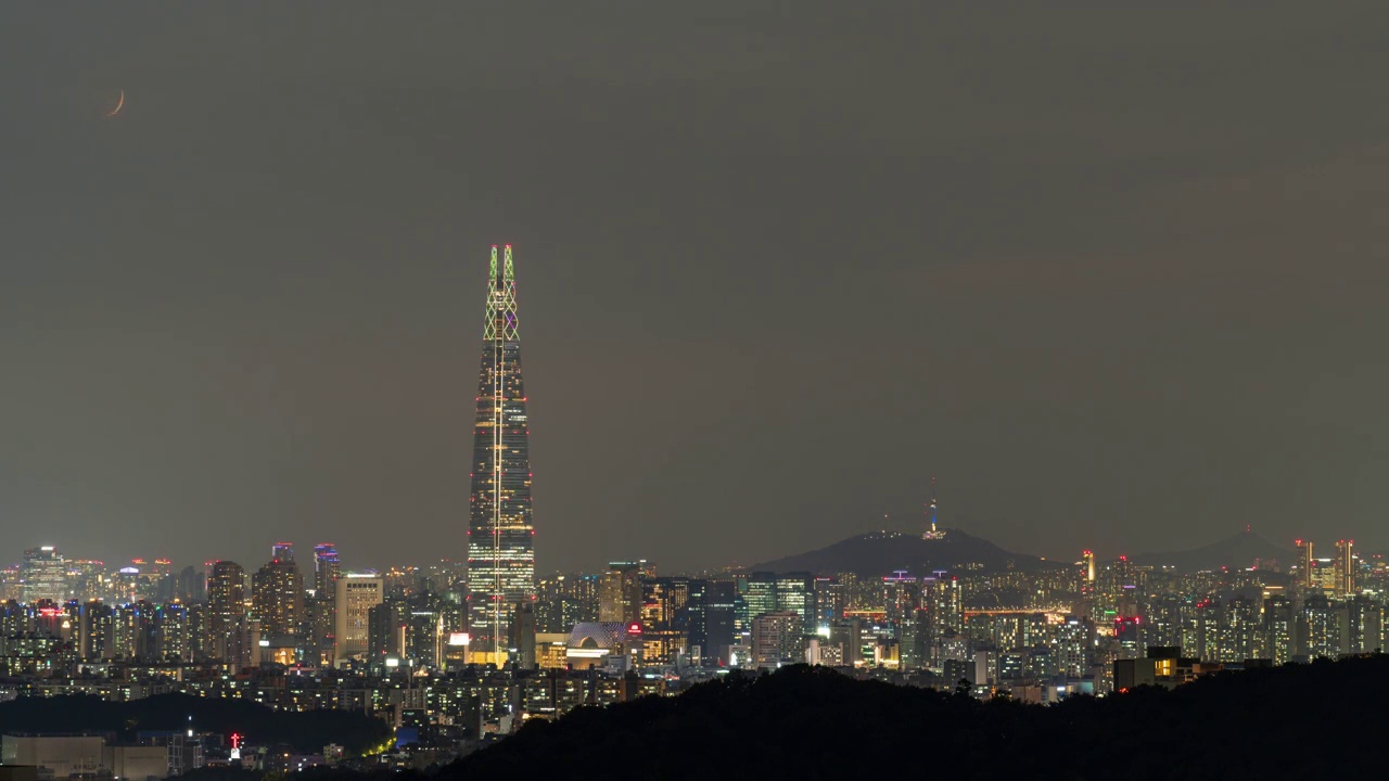 夜晚——韩国首尔蚕室区松坡区乐天世界大厦和N首尔大厦周围的日落视频素材