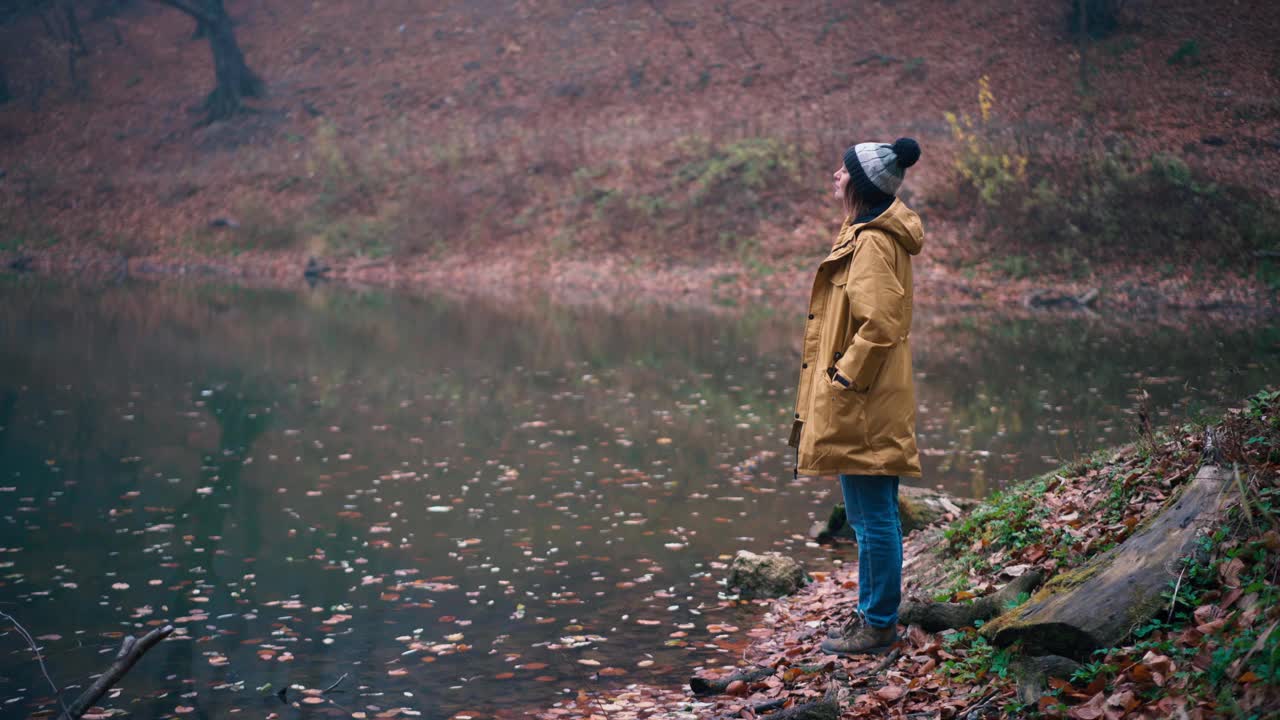 一个女人站在森林湖的岸边欣赏风景视频素材