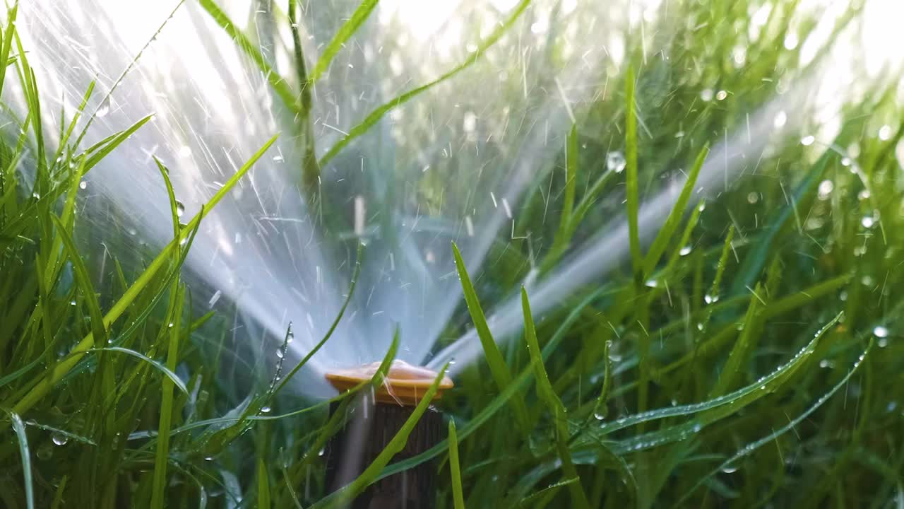 塑料洒水车在夏季花园用水灌溉草坪。在旱季灌溉绿色植被，保持其新鲜视频素材