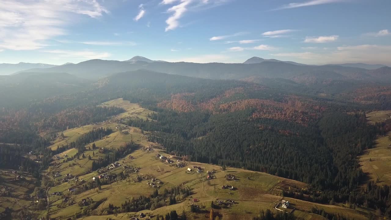 鸟瞰秋山景观，常绿的松树和黄色的秋天森林，远处是壮丽的山脉。乌克兰喀尔巴阡山脉Vorokhta镇视频素材