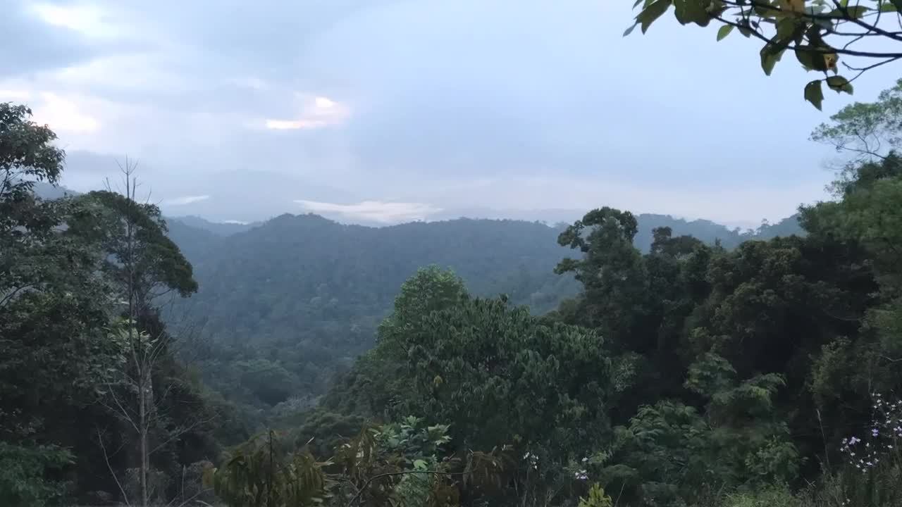 清晨日出与明亮的阳光和太阳射线可怕的乌云天空与热带夏季雾，灵感概念时间间隔。视频素材