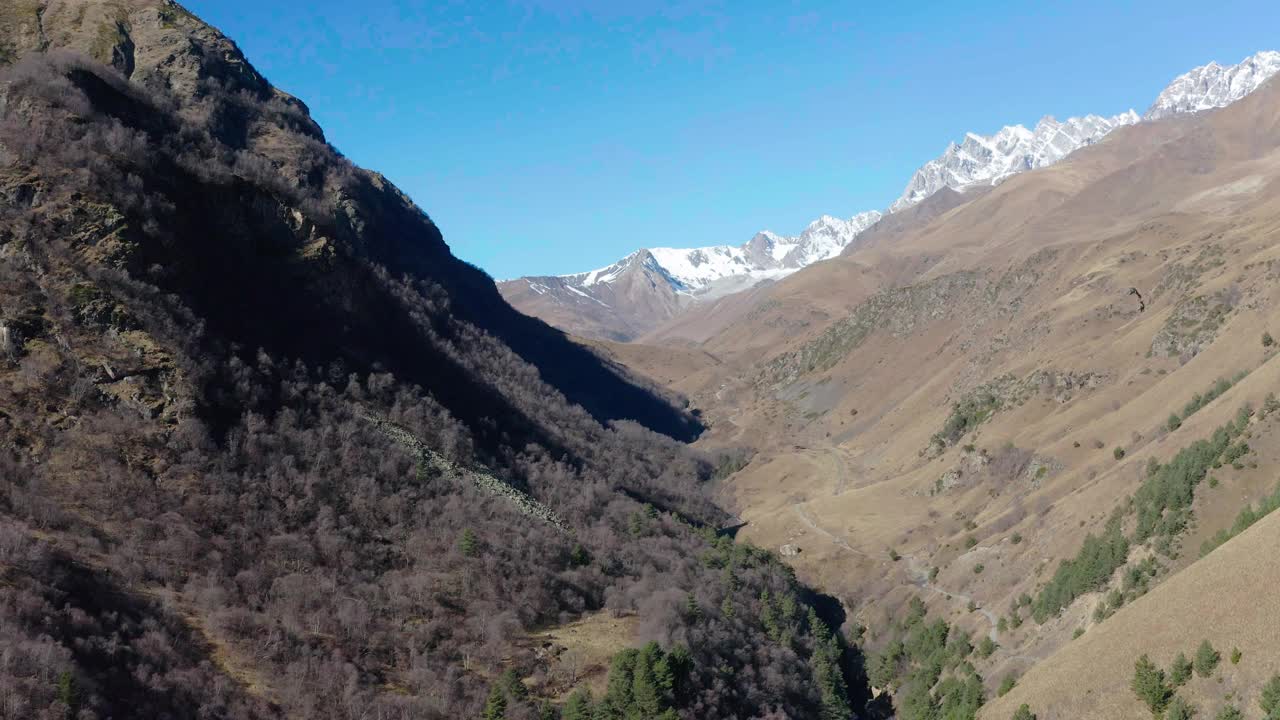 无人机在阳光明媚的秋日飞越峡谷，飞向雪峰视频素材