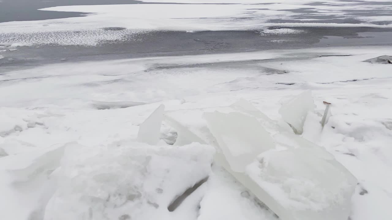 雪河冬季景观。河边结冰的冰雪。春天融化了水面上的冰。视频素材