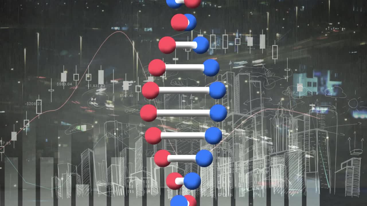 动画dna链纺丝，统计和数据处理的城市景观视频素材