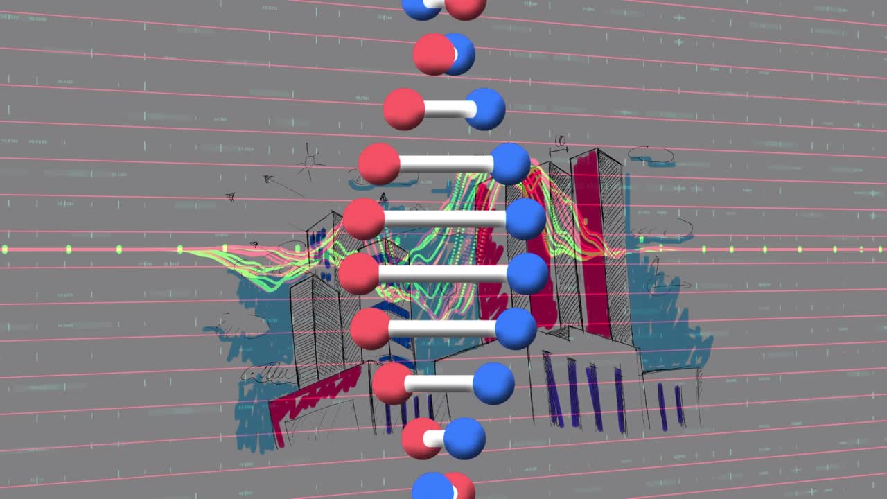 动画dna链纺丝和数据处理在城市景观视频素材