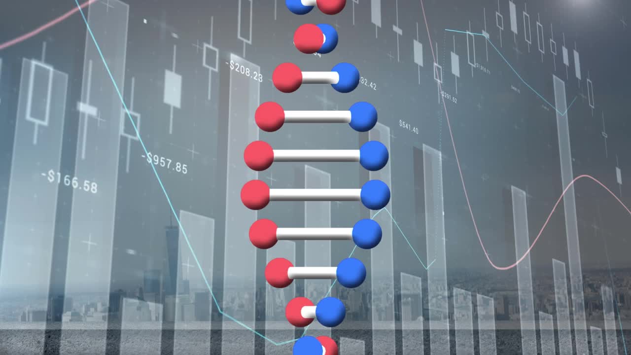 动画dna链纺丝，统计和数据处理的城市景观视频素材