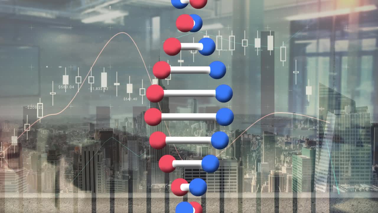 动画dna链纺丝，统计和数据处理的城市景观视频素材