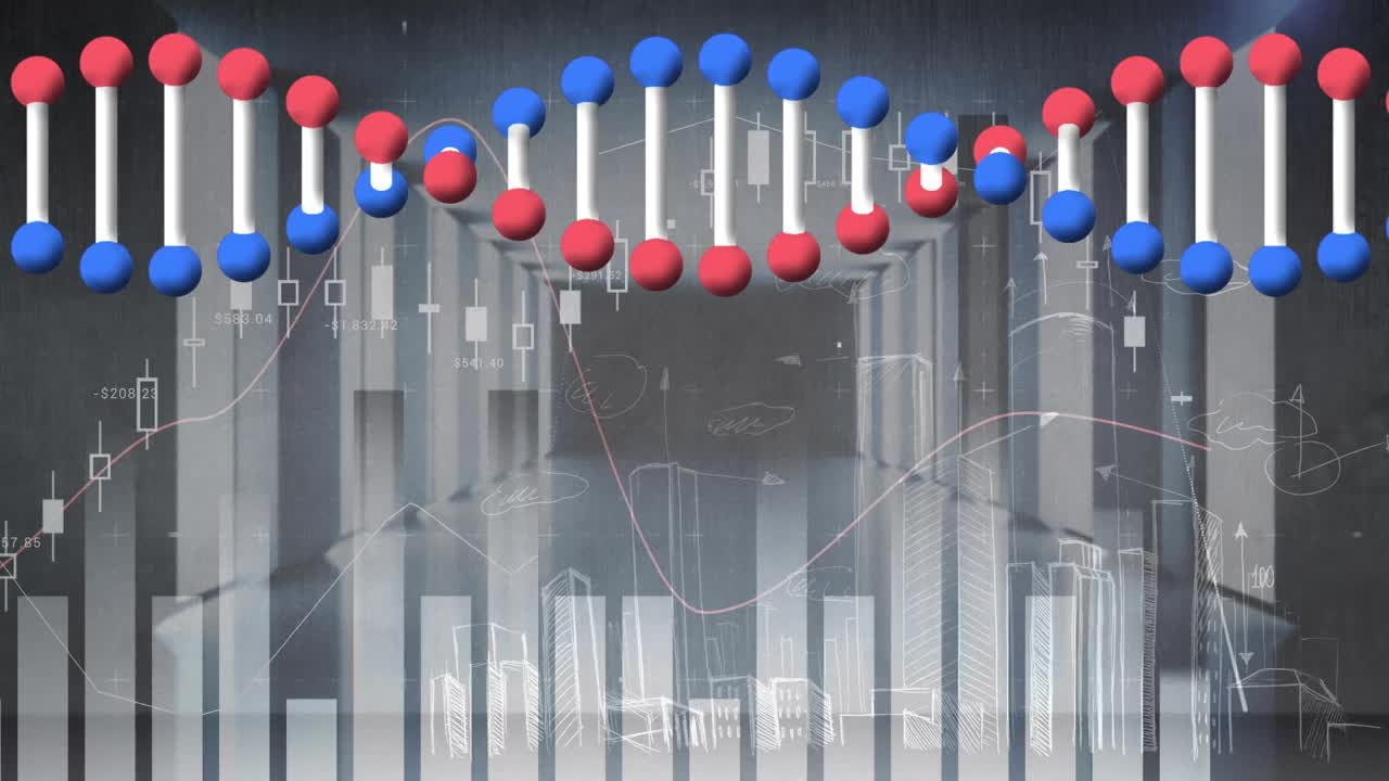 动画dna链纺丝，统计和数据处理的城市景观视频素材