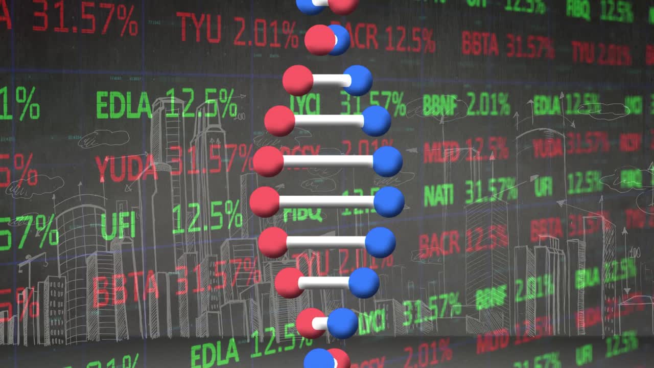 动画dna链纺丝，数据处理的城市景观视频素材