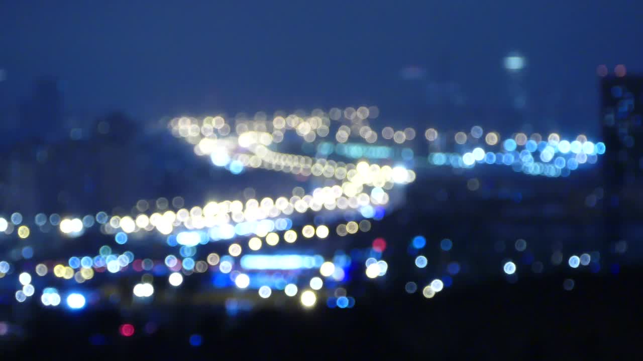 夜间道路交通的模糊灯光，抽象的城市景观背景，鸟瞰图视频素材