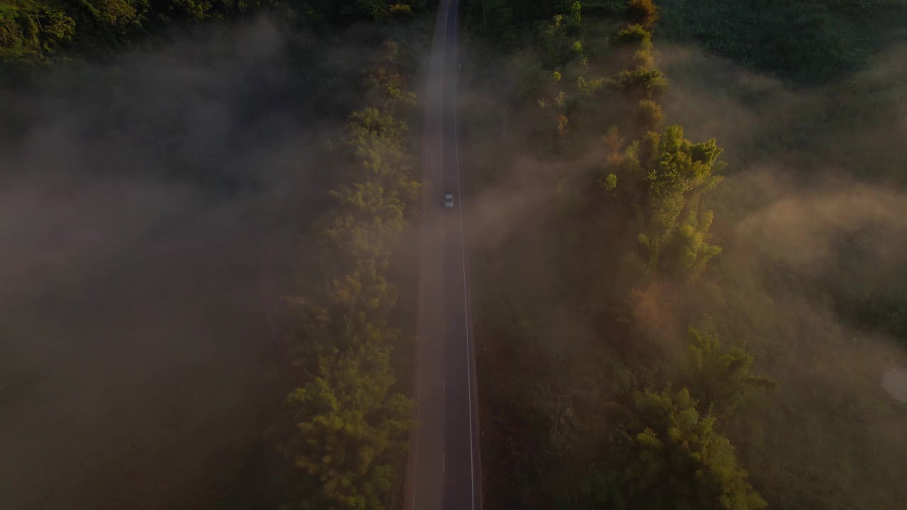 4K雾中的高山路。烟雾弥漫的热带森林。无人机鸟瞰图视频素材