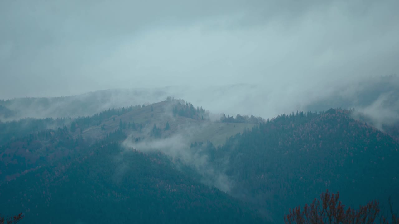 雾蒙蒙的风景，美丽的山脉覆盖着雾波。山谷中的薄雾和树木在山丘上形成剪影视频素材