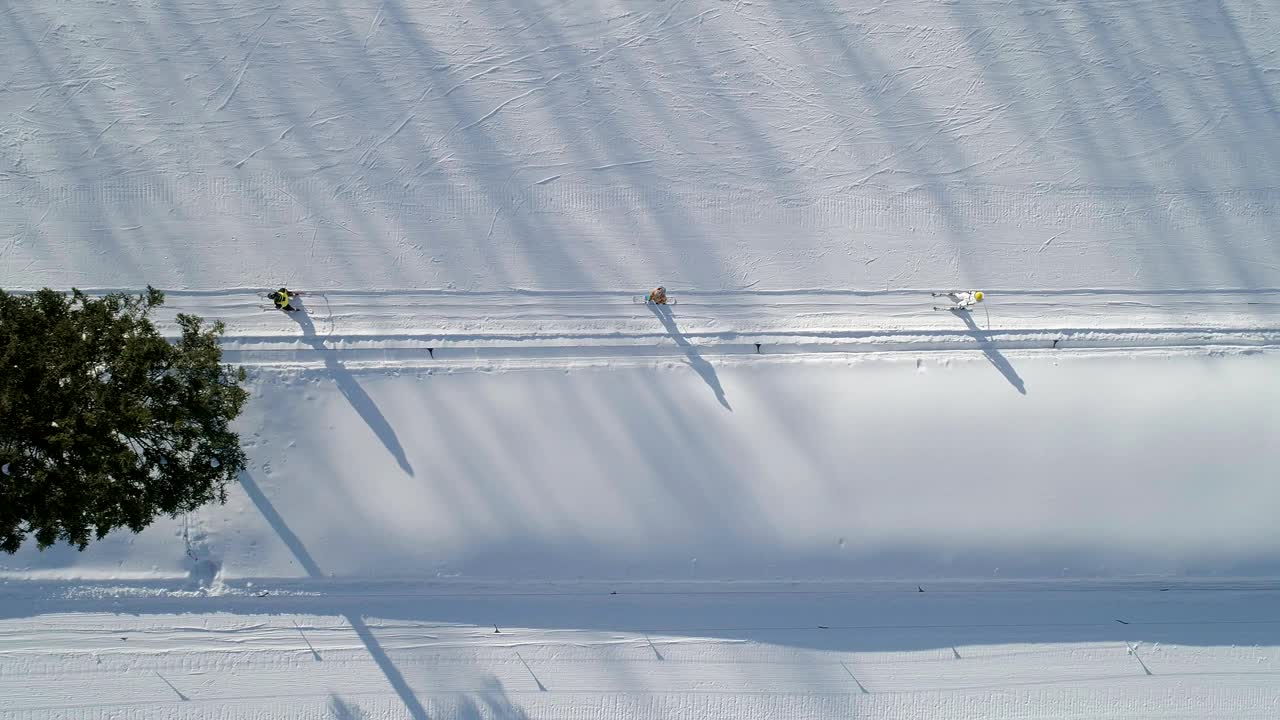 在斜坡上移动的滑雪升降机的鸟瞰图。乘滑雪缆车上山的滑雪者视频素材