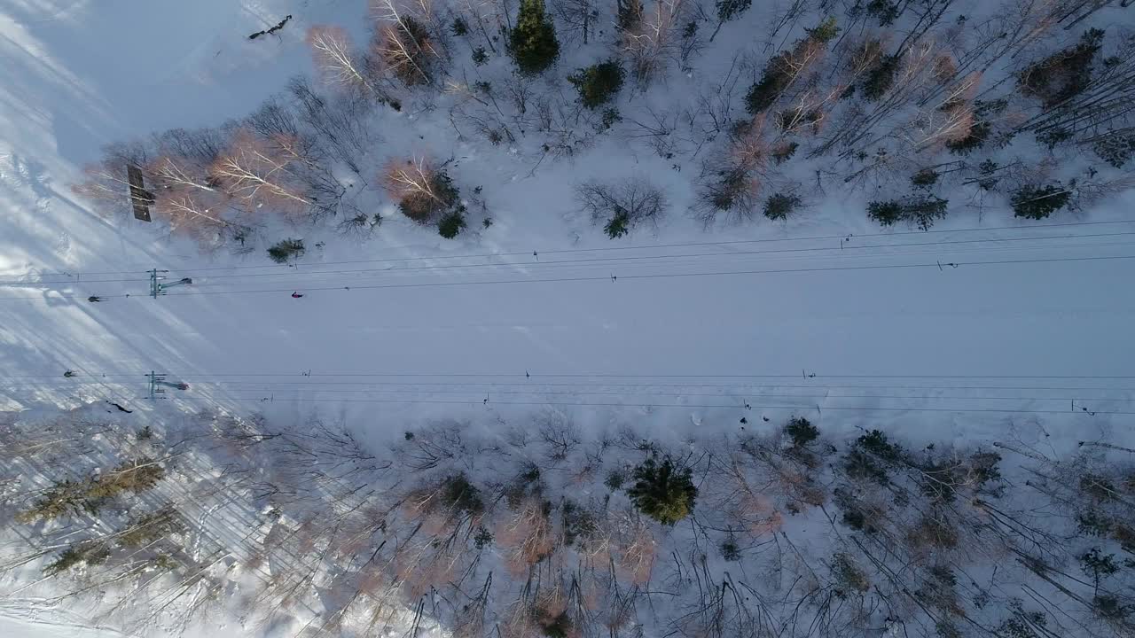 从空中俯瞰的冬季树木之间移动的滑雪升降机。乘滑雪缆车上山的滑雪者视频素材