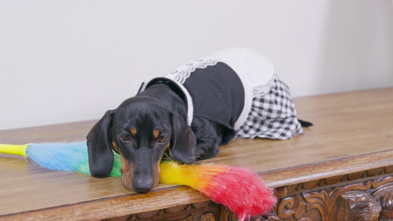 可爱的腊肠犬小狗穿着女仆服，拿着鸡毛掸子躺在木面上，在辛苦的一天后休息。懒狗逃避工作。日常的客房管理或狗友好的酒店视频素材