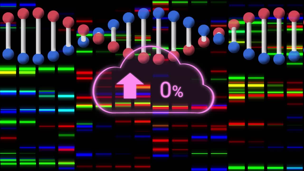 动画云与不断增长的数字移动列和dna链视频素材