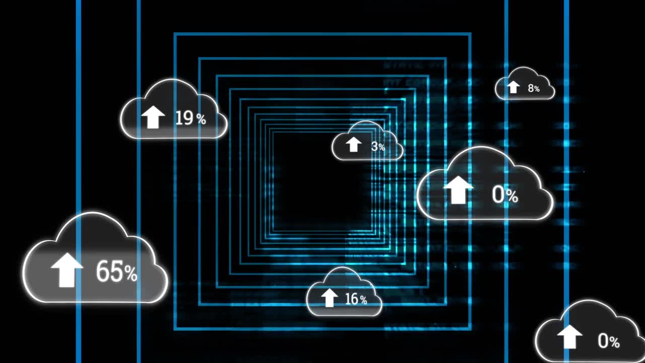 动画云与不断增长的数字霓虹灯广场视频素材