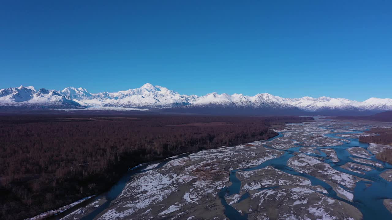 冬天阳光明媚的德纳里山和丘利特纳河。美国阿拉斯加。鸟瞰图视频素材