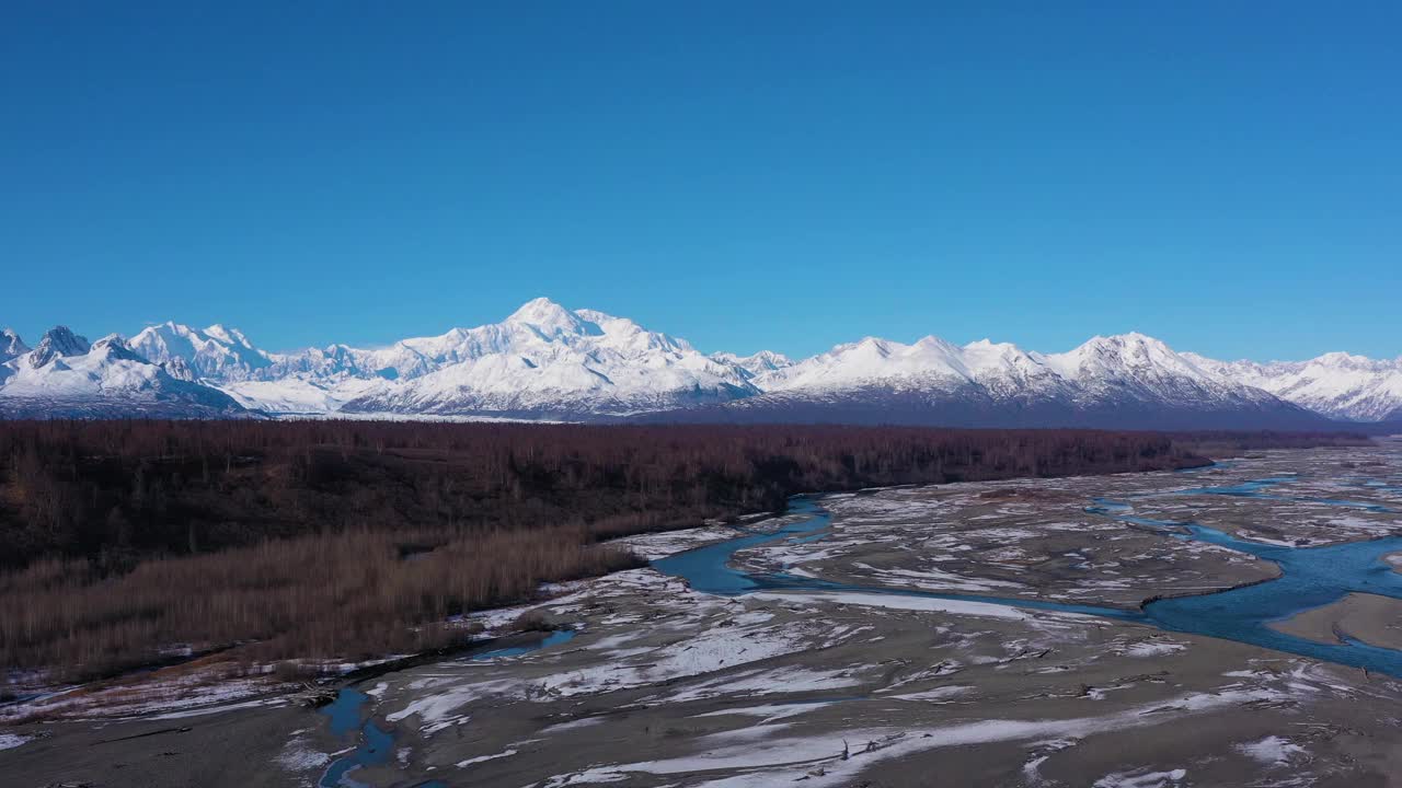 冬天阳光明媚的德纳里山和丘利特纳河。美国阿拉斯加。鸟瞰图视频素材