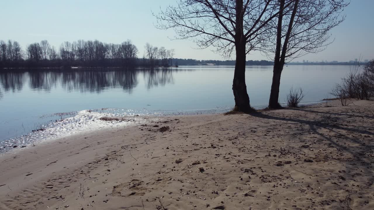 河流与沙滩和树木前景，鸟瞰图视频素材