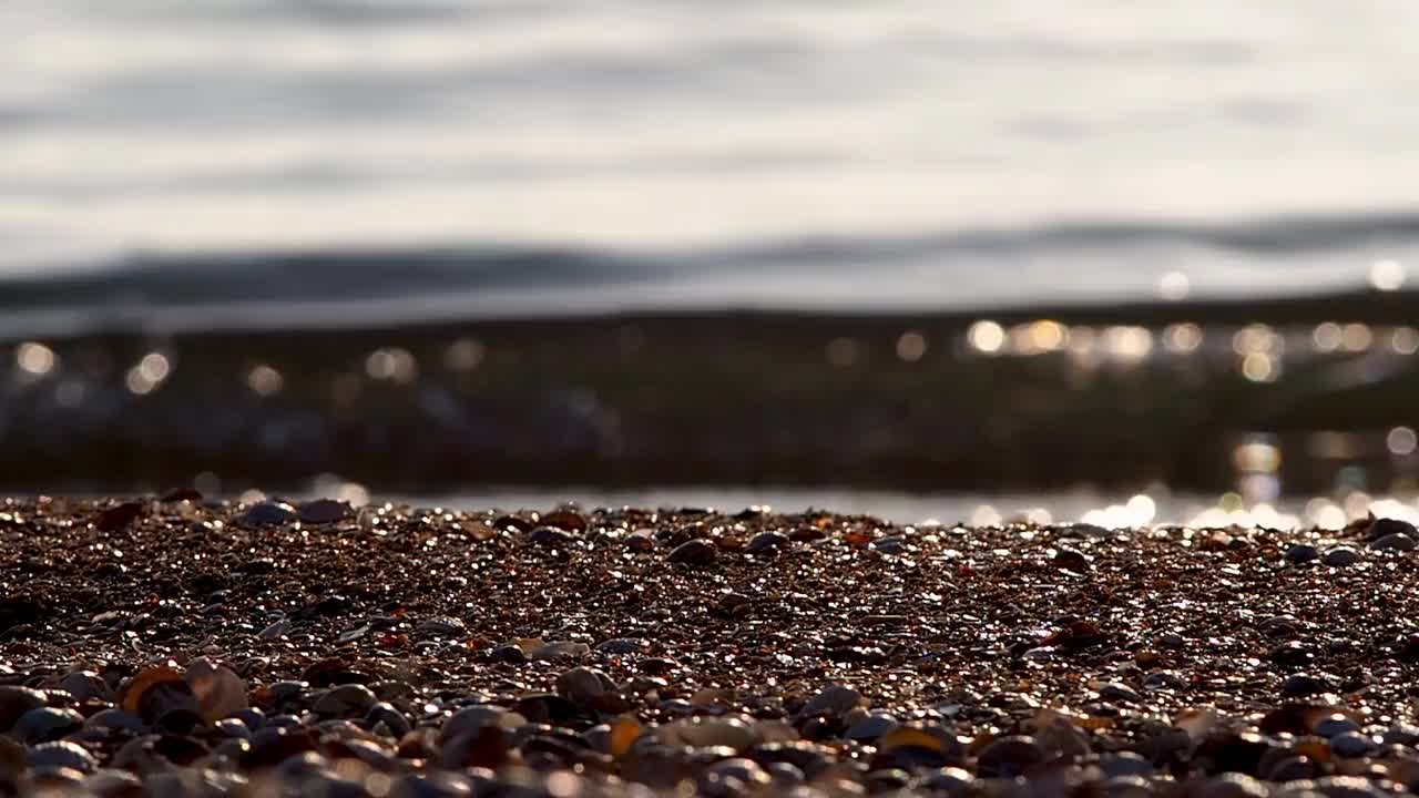 海岸的边缘是贝壳和沙子。散漫的海浪拍打着海岸，在阳光下闪闪发光。集中在海岸线边的沙滩上。水的边缘视频素材