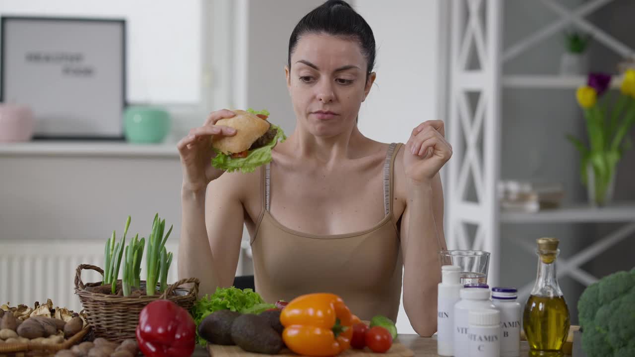 中景年轻苗条的白人素食主义妇女品尝美味不健康的汉堡包满意的面部表情。美丽的女人吃垃圾食品的肖像坐在桌子上的蔬菜。视频素材