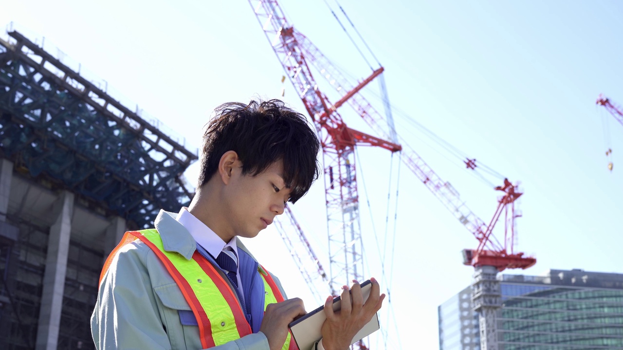 年轻的亚洲男性承包商在建筑工地工作视频素材