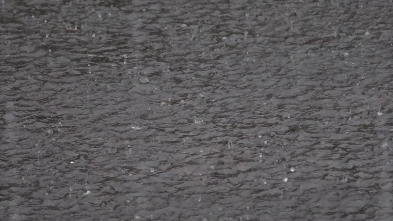 大雨滂沱，雨点在河面上形成不规则的图案视频素材