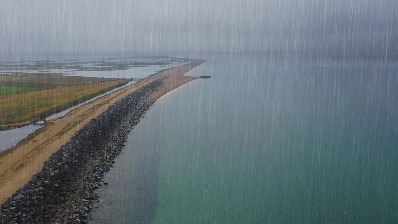 航拍镜头穿越雨在潮湿和寒冷多云的下雨天在伯恩茅斯在南悬崖的海洋视频素材