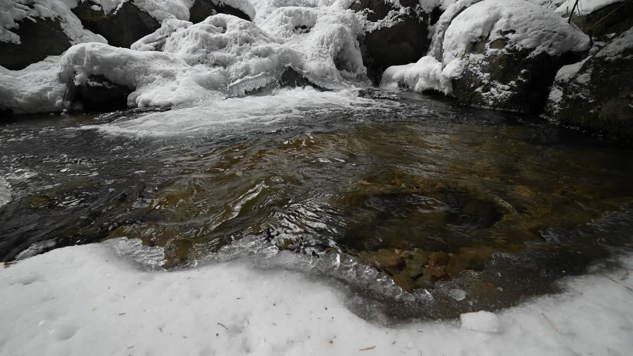 冬季河流的急流穿过冰雪覆盖的岩石。松林中结冰的河流。纯晶饮用水视频素材