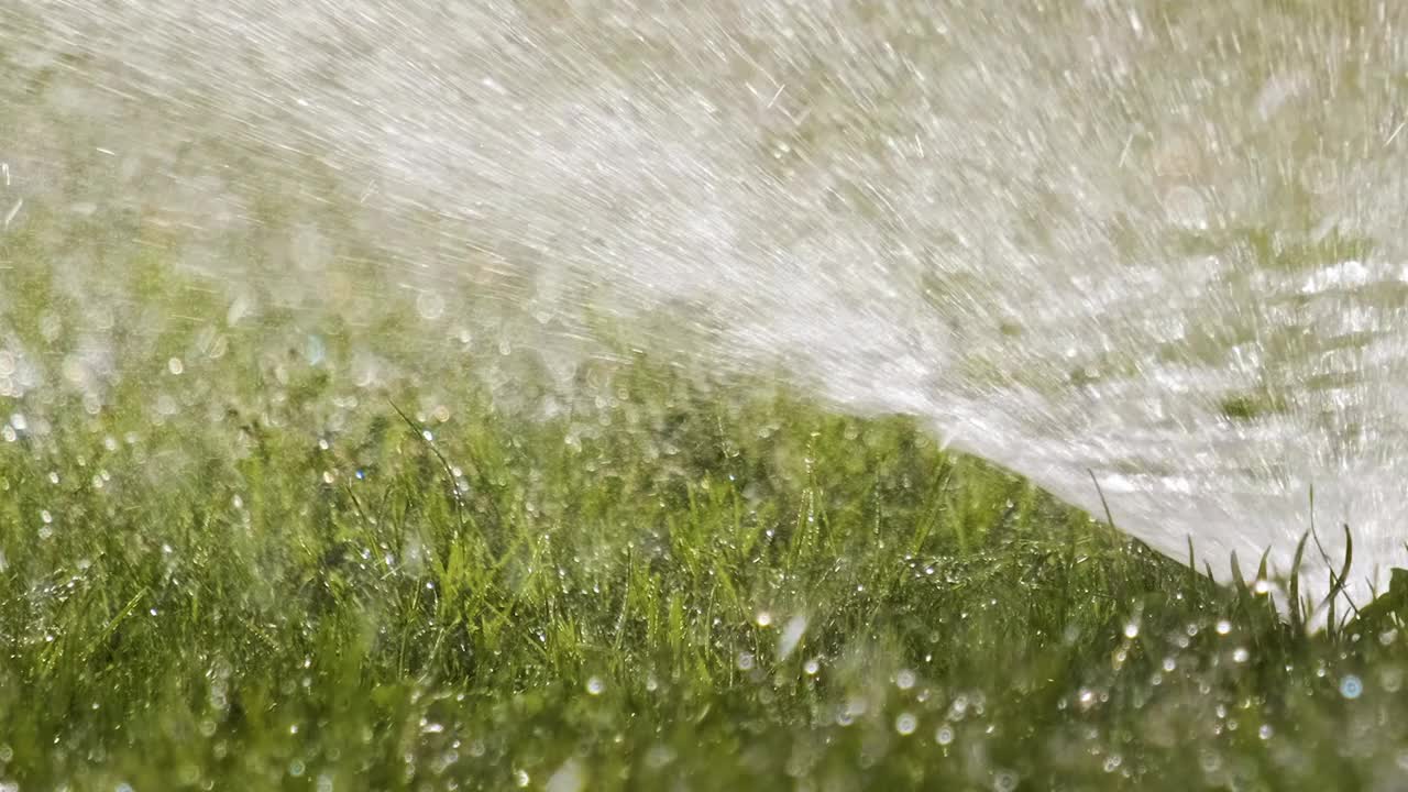 塑料洒水车在夏季花园用水灌溉草坪。在旱季灌溉绿色植被，保持其新鲜视频素材