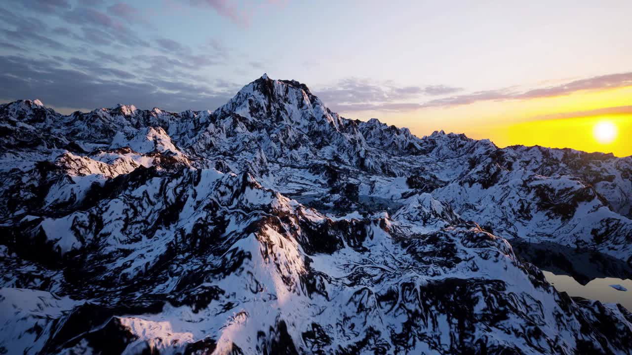 日落时分俯瞰湖泊和雪山山脊的鸟瞰图视频下载