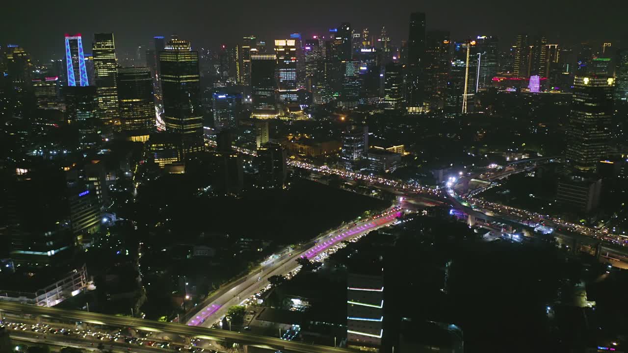 令人惊叹的空中城市景观与夜间交通视图视频素材