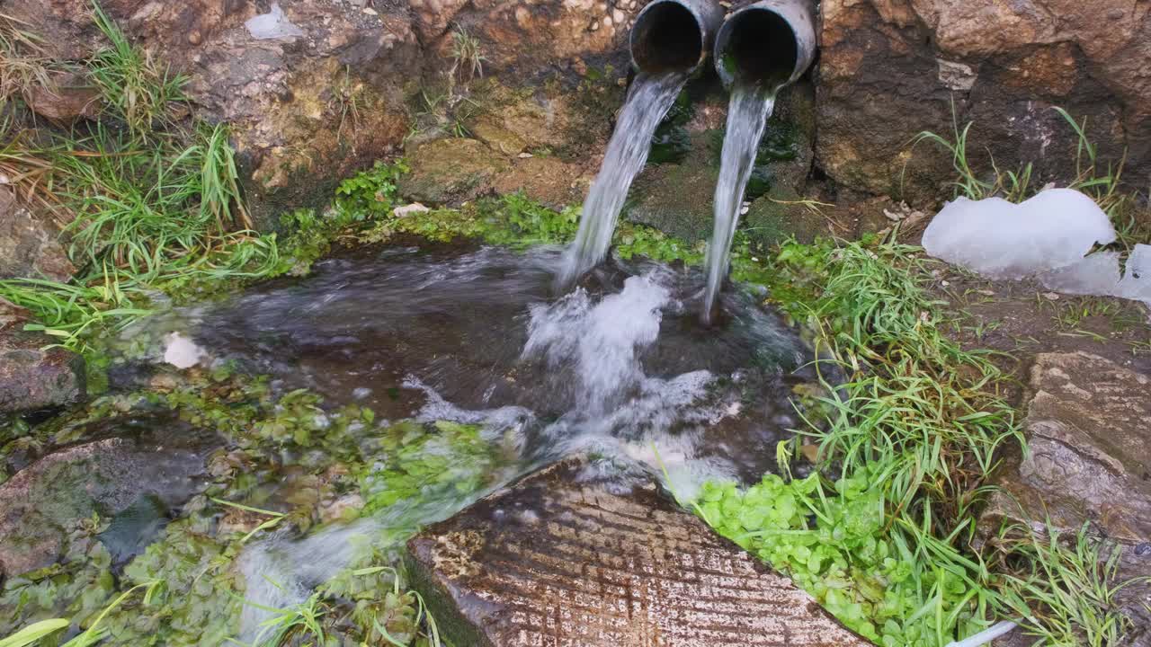 在森林里喝水。山上的饮水喷泉视频素材