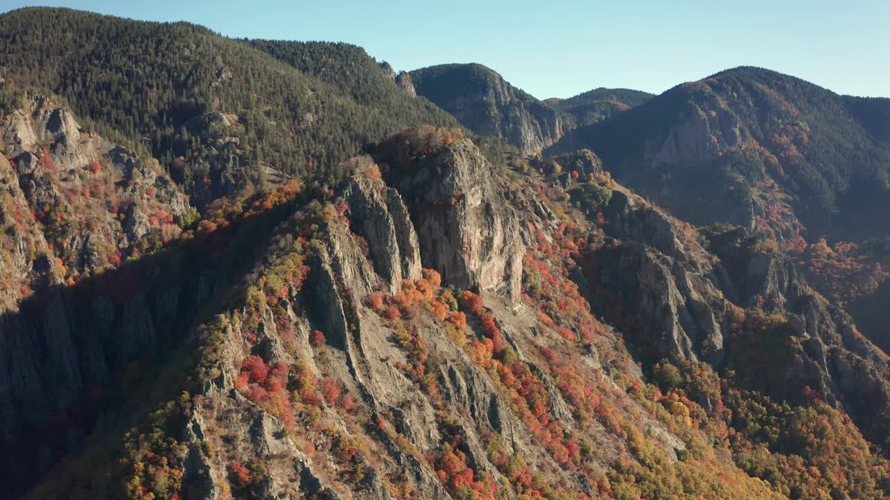 航拍镜头-多彩的秋天山景场景在Frakto原始森林，Rhodope山，希腊视频下载