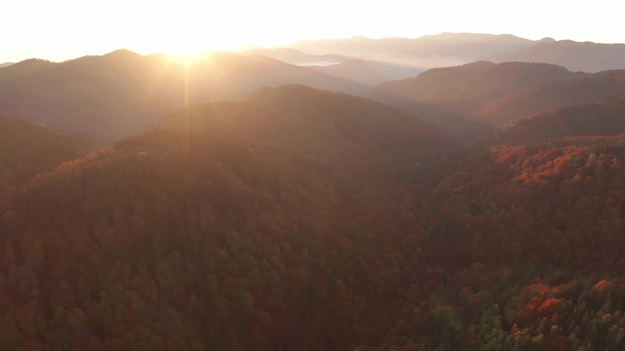 在Frakto日出。五彩缤纷的秋天山景场景在Frakto原始森林，Rhodope山，希腊视频下载