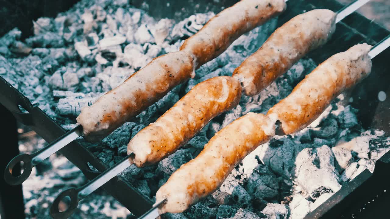 烤串香肠在户外便携式烧烤机上烹饪，特写，烧烤视频素材