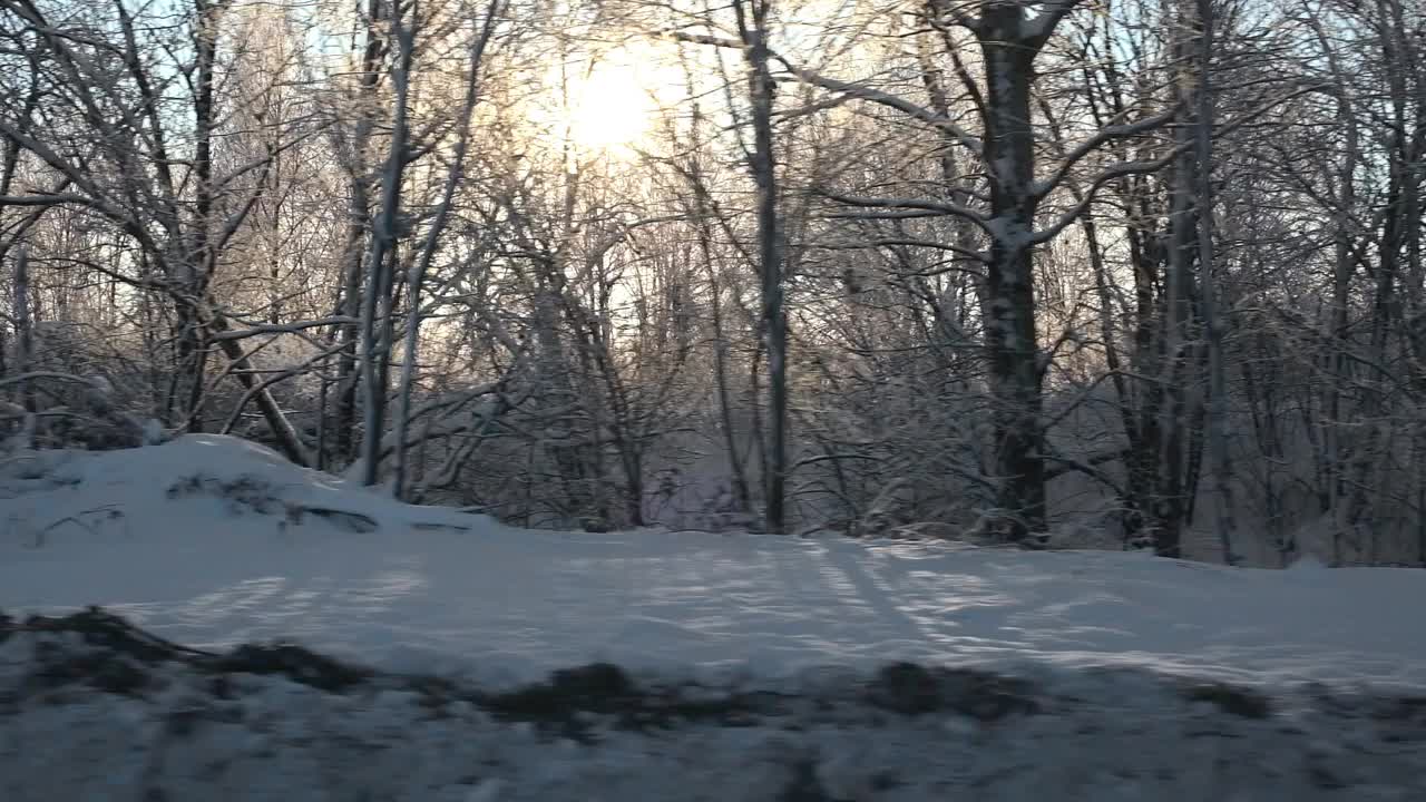 积雪的冬季道路上有松树、桦树林和田野。风景和空旷的公路穿过冬天的森林。汽车在道路上超速行驶。侧窗视图的汽车在运动。旅游、旅游、旅行的概念视频素材