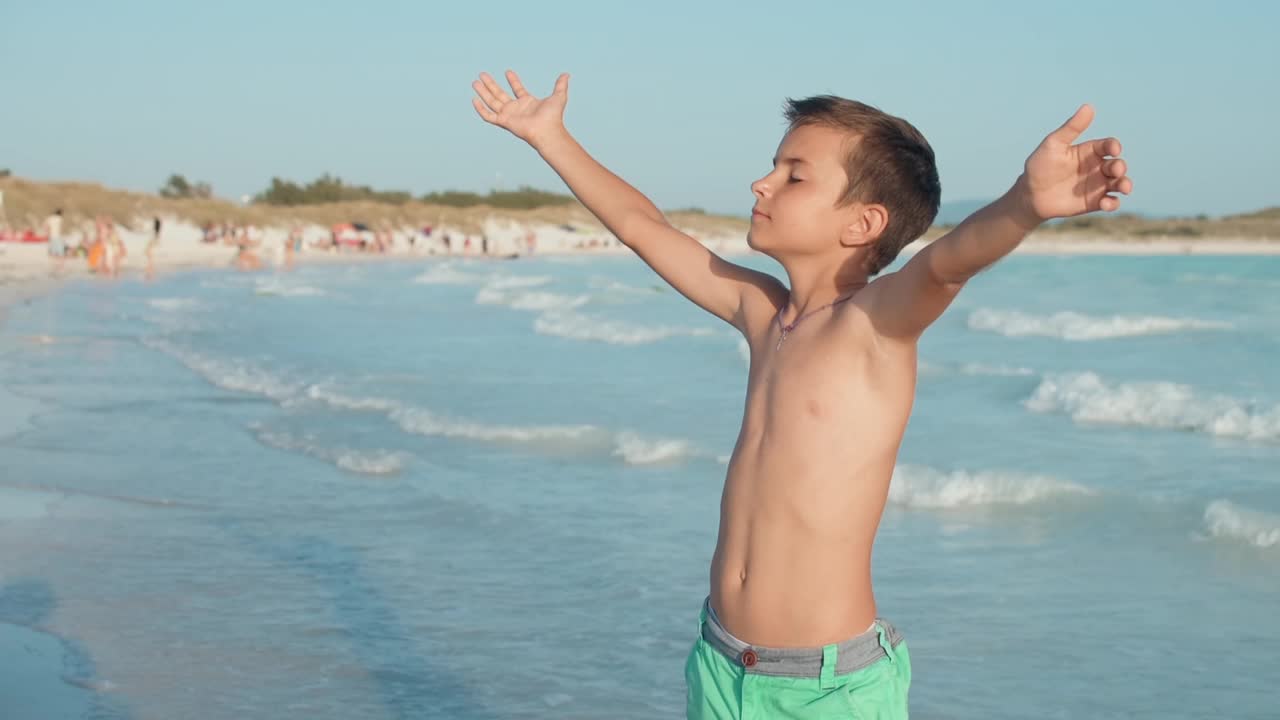 在海滨享受夏天的无忧无虑的男孩。快乐的少年站在海边。视频素材