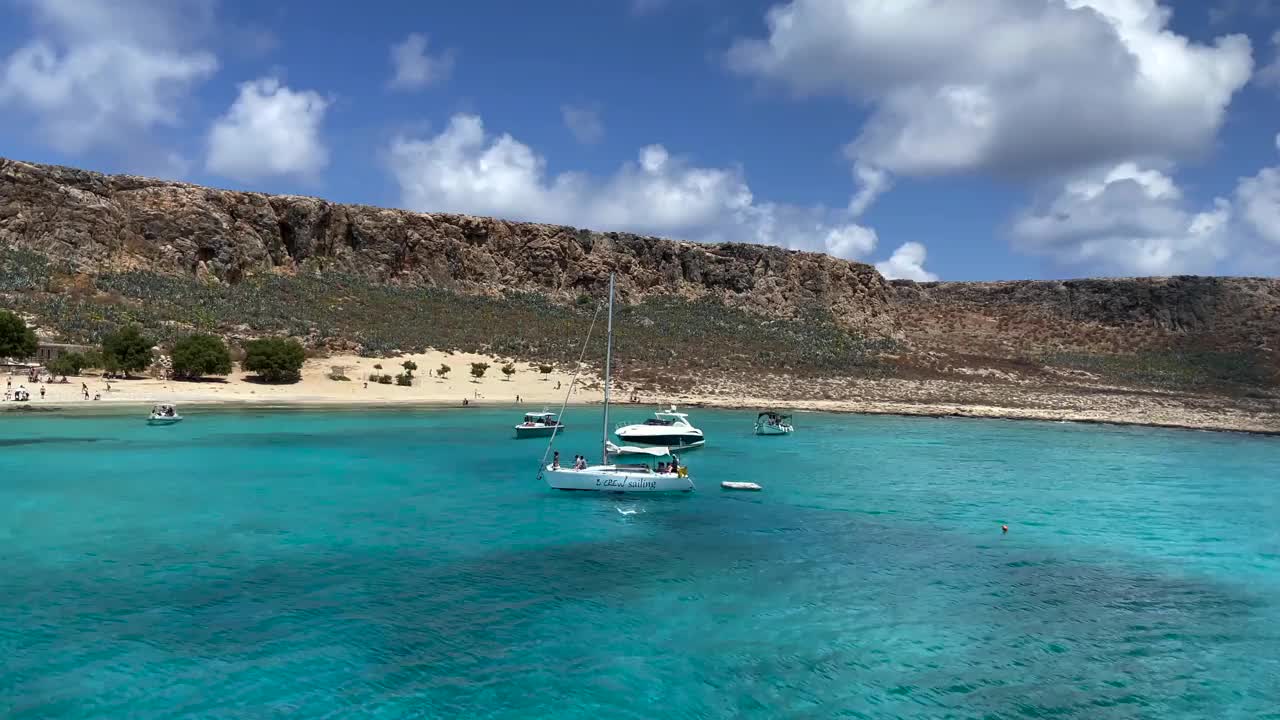 观海湾与漂浮的游艇和海滩对天空。视频素材