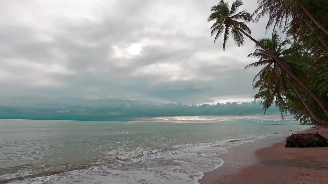 青色的海水，沙滩上的海浪，棕榈树，雨云视频素材