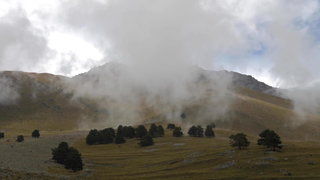 秋季自然背景。乡村高地上蓝天白云的时间间隔。山。有树的斜坡，云在上面爬行。冬季和秋季多云天气预报。视频素材