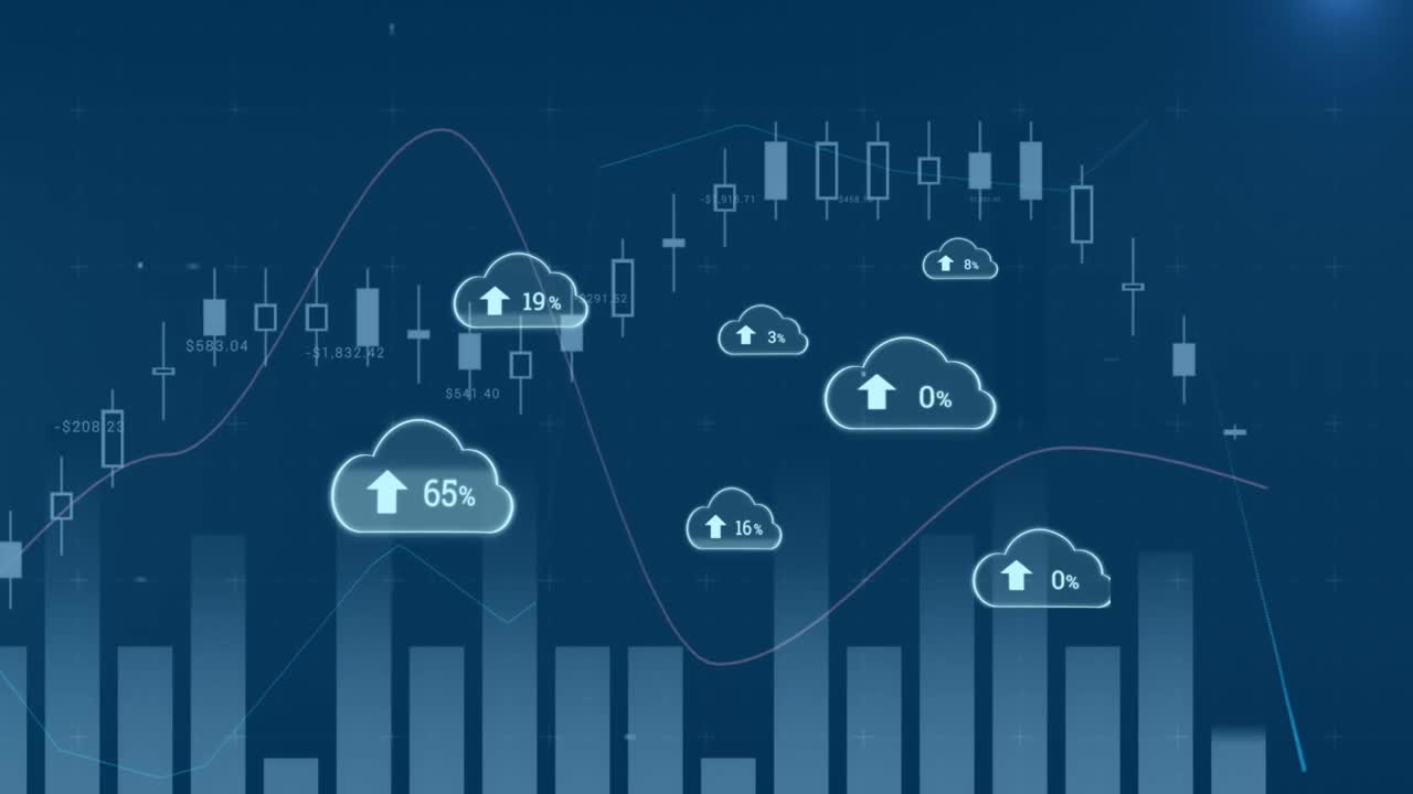 动画的云与增长的数字超过图形和紫色线视频素材